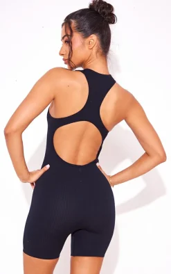 Petite Black Snatched Rib Zip Up Front Unitard