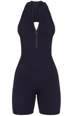 Petite Black Snatched Rib Zip Up Front Unitard