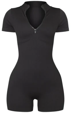 Petite Black Snatched Rib Zip Front Unitard