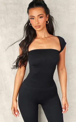 Petite Black Snatched Rib Square Neck Cap Sleeve Crop Top