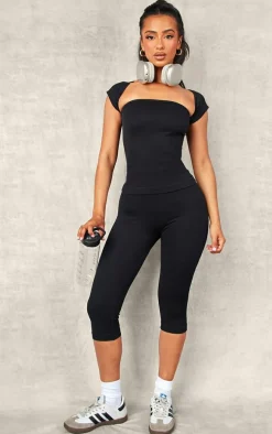 Petite Black Snatched Rib Square Neck Cap Sleeve Crop Top