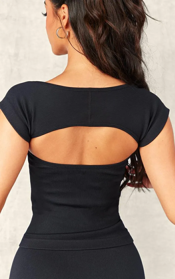 Petite Black Snatched Rib Square Neck Cap Sleeve Crop Top