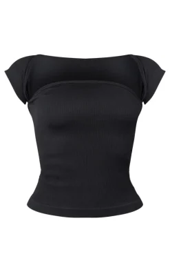 Petite Black Snatched Rib Square Neck Cap Sleeve Crop Top