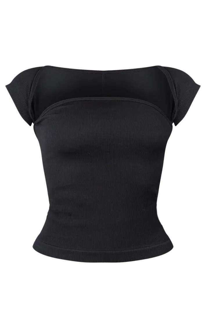 Petite Black Snatched Rib Square Neck Cap Sleeve Crop Top