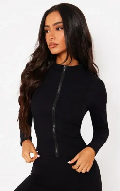 Petite Black Snatched Sculpt Seam Detail Zip Up Top