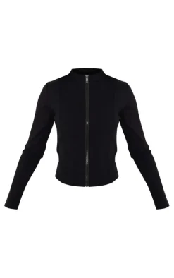 Petite Black Snatched Sculpt Seam Detail Zip Up Top