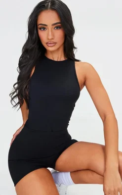 Petite Black Snatched Sculpt Racer Bodysuit