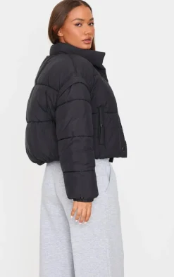 Petite Black Soft Nylon Set In Sleeve Popper Pocket Puffer Jacket