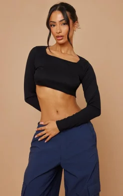 Petite Black Square Neck Ribbed Long Sleeve Crop Top