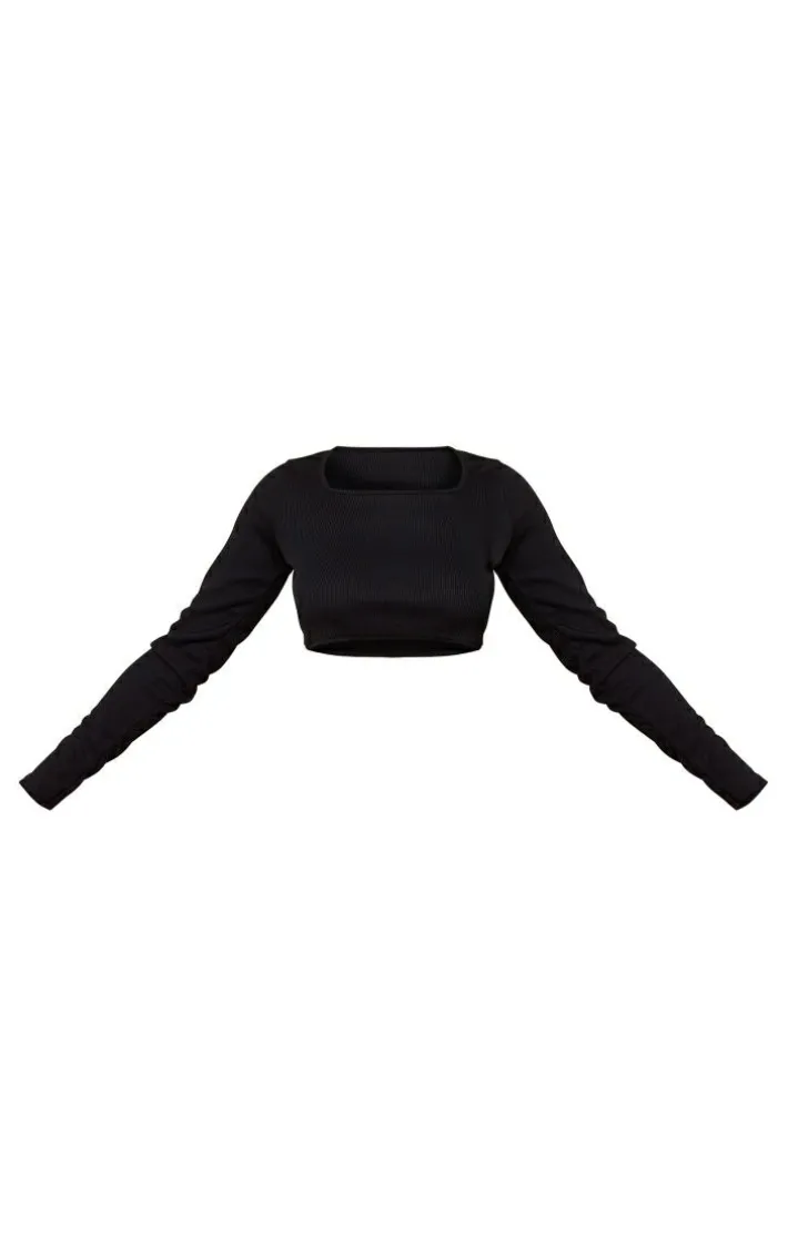 Petite Black Square Neck Ribbed Long Sleeve Crop Top