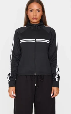 Petite Black Stripe Detail Zip Up Track Jacket