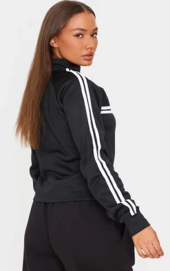 Petite Black Stripe Detail Zip Up Track Jacket