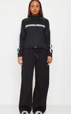 Petite Black Stripe Detail Zip Up Track Jacket