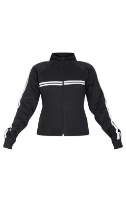 Petite Black Stripe Detail Zip Up Track Jacket