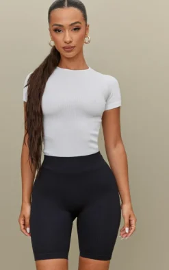 Petite Black Structured Snatched Rib Bike Shorts