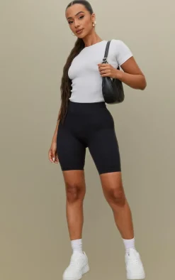 Petite Black Structured Snatched Rib Bike Shorts