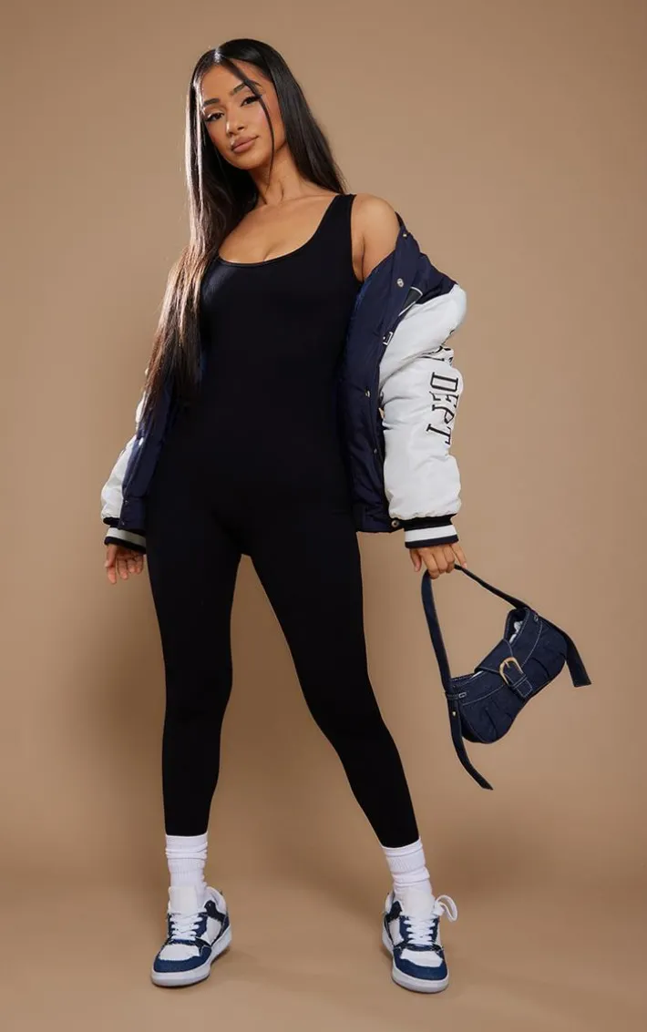 Petite Black Structured Snatched Ribbed Scoop Neck Jumpsuit