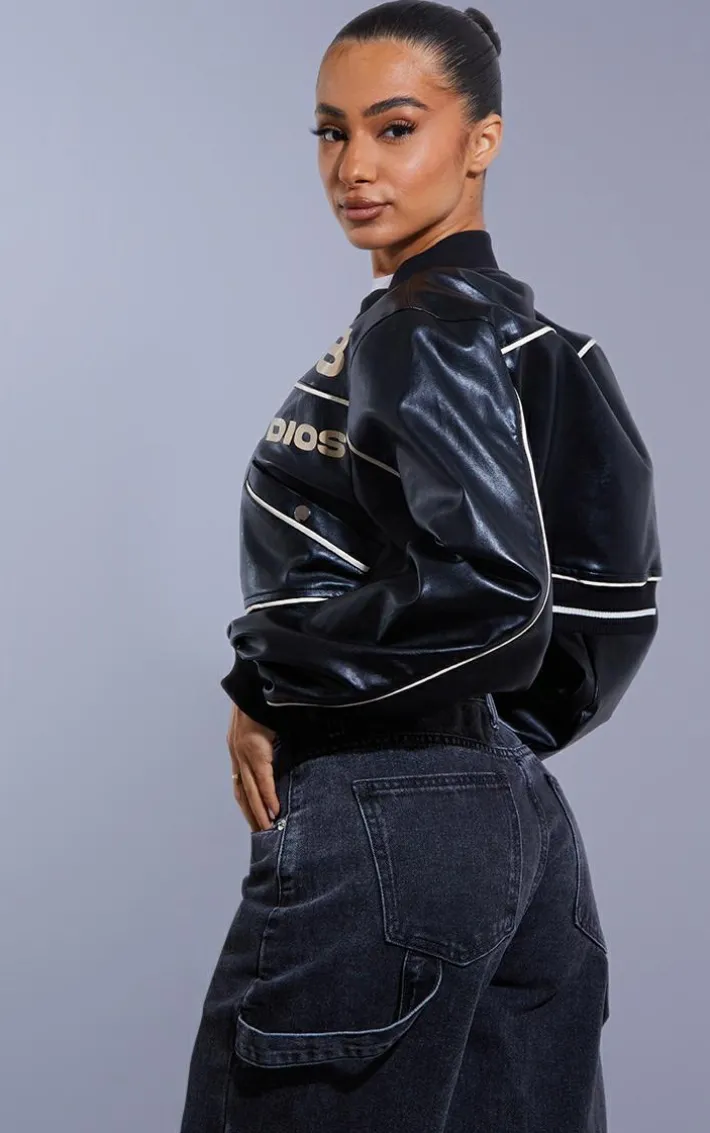 Petite Black Super Cropped Pu Racer Jacket