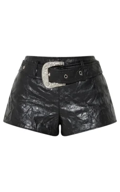 Petite Black Textured Faux Leather Belt Detail Hotpants