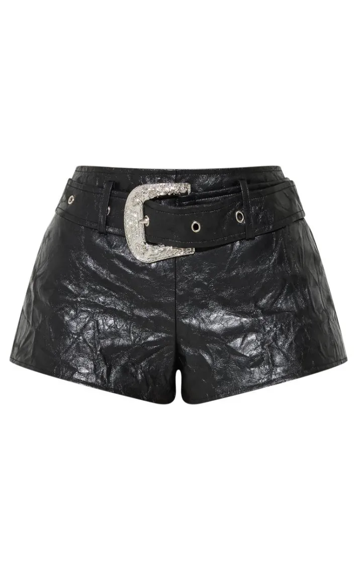 Petite Black Textured Faux Leather Belt Detail Hotpants