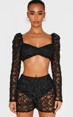 Petite Black Textured Woven Mesh Sleeve Crop Top