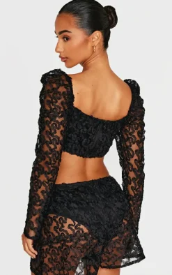 Petite Black Textured Woven Mesh Sleeve Crop Top