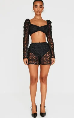 Petite Black Textured Woven Mesh Sleeve Crop Top