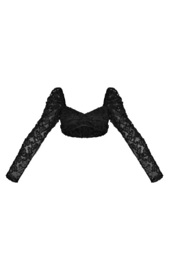 Petite Black Textured Woven Mesh Sleeve Crop Top