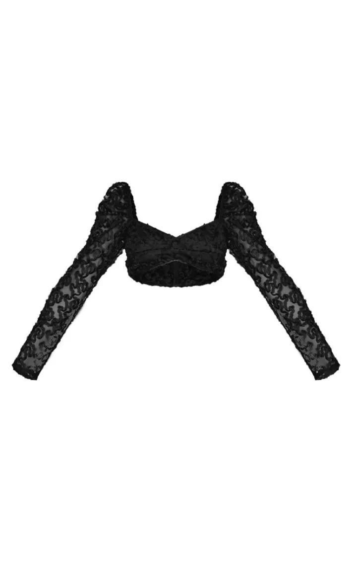 Petite Black Textured Woven Mesh Sleeve Crop Top