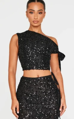Petite Black Tie Detail Sequin Top