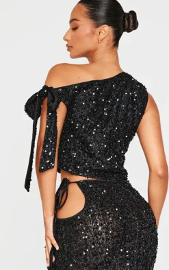 Petite Black Tie Detail Sequin Top