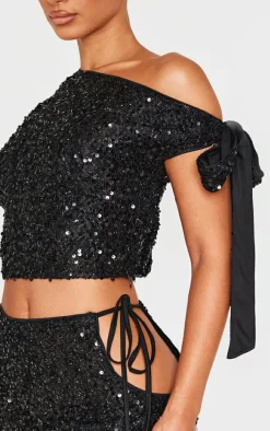 Petite Black Tie Detail Sequin Top