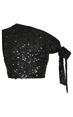 Petite Black Tie Detail Sequin Top