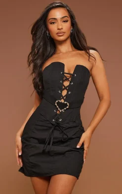 Petite Black Tie Front Heart Buckle Detail Corset Top