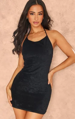 Petite Black Towelling Halterneck Mini Dress