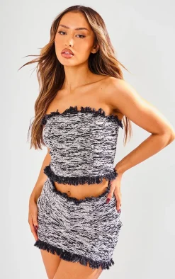 Petite Black Tweed Frayed Hem Crop Top