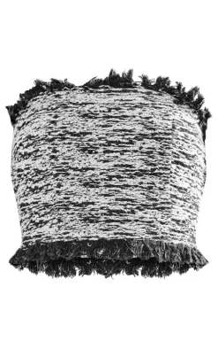 Petite Black Tweed Frayed Hem Crop Top