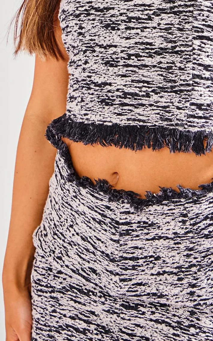 Petite Black Tweed Frayed Hem Mini Skirt