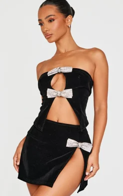 Petite Black Velvet Diamante Bow Detail Split Mini Skirt