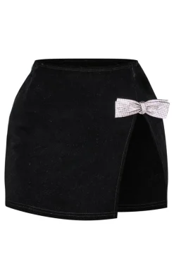 Petite Black Velvet Diamante Bow Detail Split Mini Skirt
