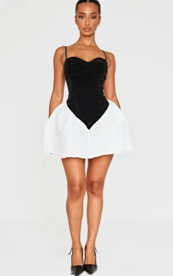 Petite Black Velvet Dipped Waist Detail Lace Hem Mini Dress