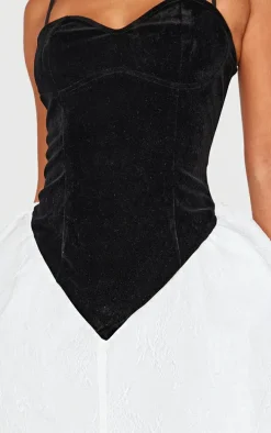 Petite Black Velvet Dipped Waist Detail Lace Hem Mini Dress