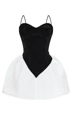 Petite Black Velvet Dipped Waist Detail Lace Hem Mini Dress