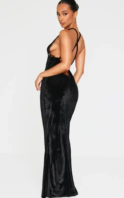 Petite Black Velvet Lace Detail Maxi Dress