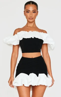 Petite Black Velvet Ruffle Detail Bardot Crop Top