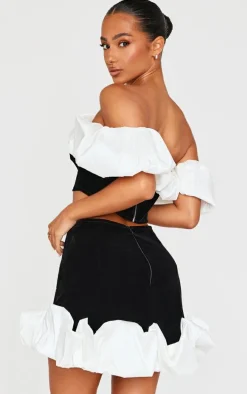 Petite Black Velvet Ruffle Detail Bardot Crop Top