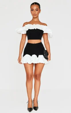 Petite Black Velvet Ruffle Detail Bardot Crop Top