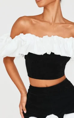 Petite Black Velvet Ruffle Detail Bardot Crop Top