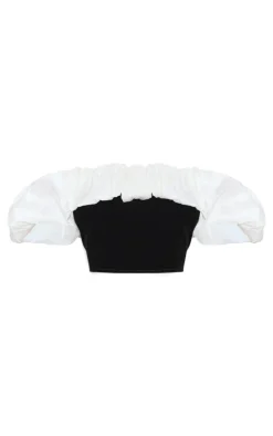 Petite Black Velvet Ruffle Detail Bardot Crop Top