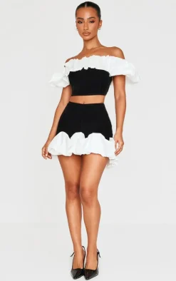 Petite Black Velvet Ruffle Detail Asymmetric Mini Skirt